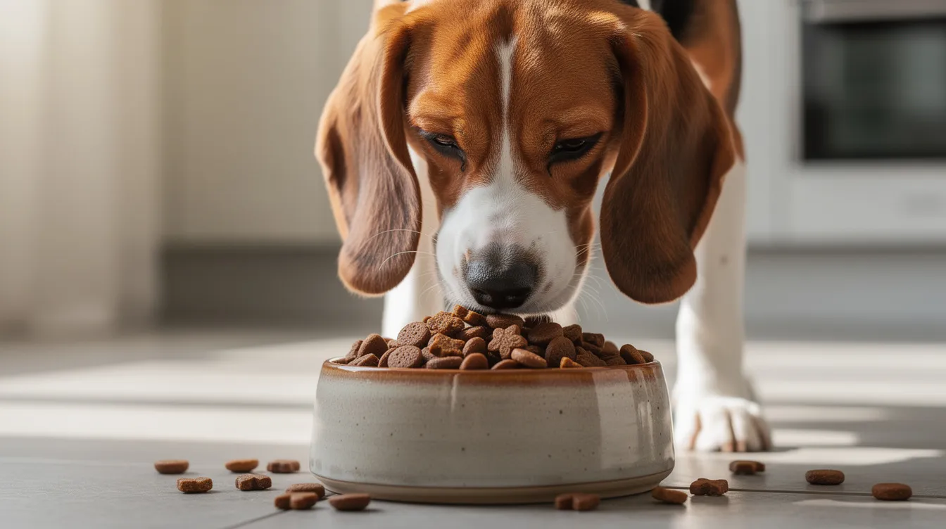 A realistic image of a beagle enjoying high-quality kibble from a dog bowl, showcasing its floppy ears and energetic personality. The scene captures the essence of this popular dog breed, known for its strong hunting instinct and friendly nature.
