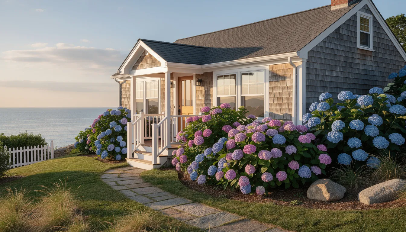 The image depicts a charming New England coastal cottage with gray shingles and white trim, nestled among vibrant hydrangeas, embodying a cozy and inviting atmosphere. This picturesque home represents a maintenance-free lifestyle, ideal for those seeking a smaller house in a community that offers easy access to beaches and boutique shopping along the Connecticut shoreline.