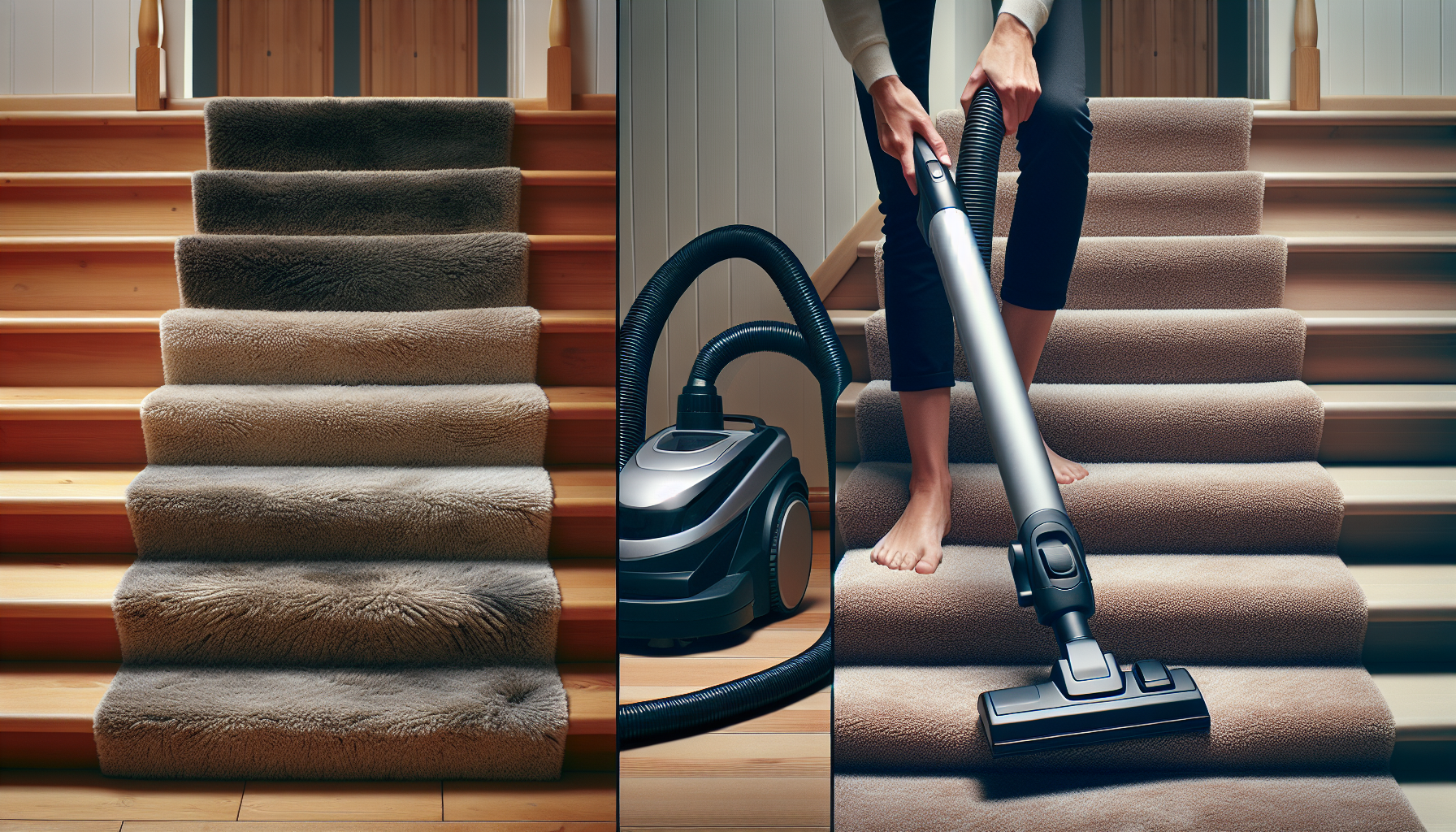 A person using a vacuum cleaner to clean carpeted stairs