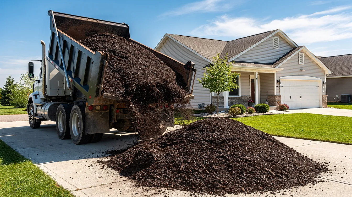 A dump truck is parked on a sunny driveway, unloading a large load of dark mulch, ideal for enhancing landscape beds and protecting plants. The bulk mulch will help retain moisture and suppress weed growth in the yard's gardens and shrubs.