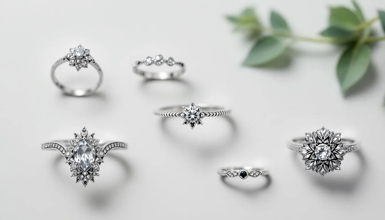 Various popular styles of 925 sterling silver rings arranged together.