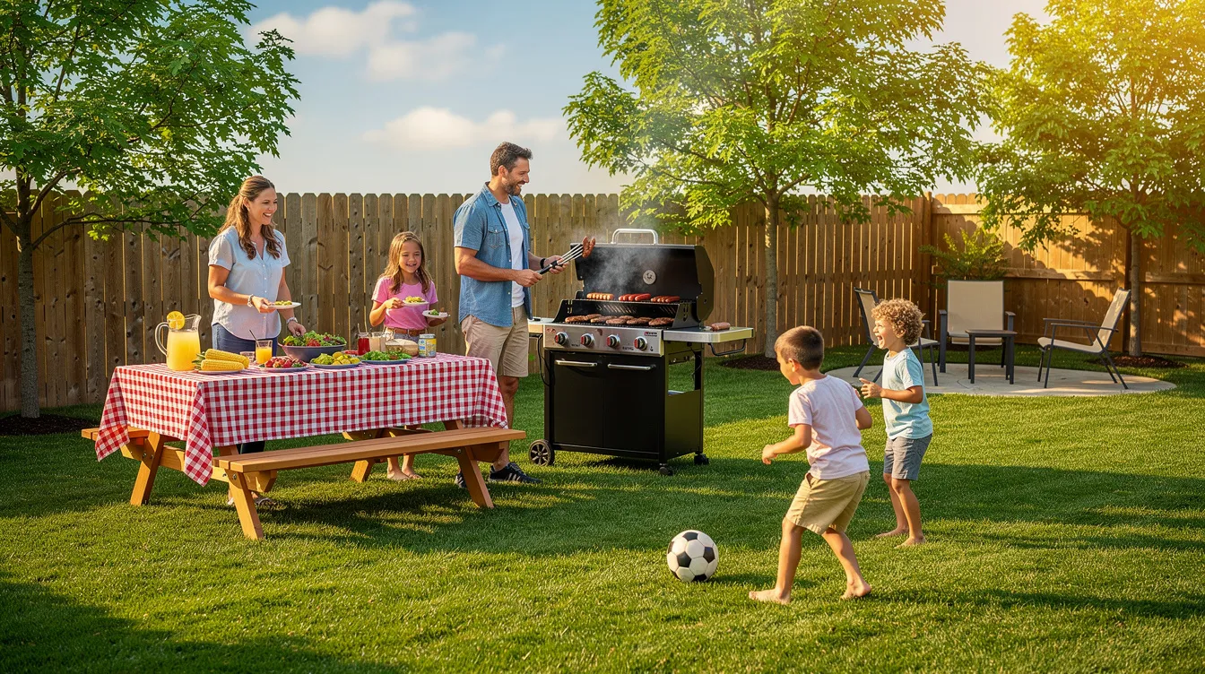 The image depicts a perfect green lawn in summer, where a family is enjoying a barbecue together. The healthy lawn is lush and well-maintained, ideal for outdoor gatherings, showcasing the results of proper lawn care and regular maintenance.
