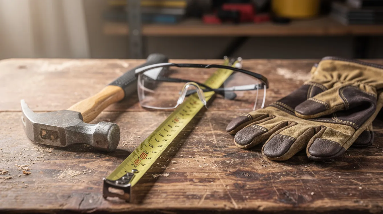 The image shows a wooden workbench neatly organized with essential construction tools, including a tape measure, hammer, safety glasses, and work gloves, perfect for real estate investors planning renovation projects. These tools symbolize the hands-on approach often needed for investment properties, highlighting the importance of preparation in the hard money lending process.