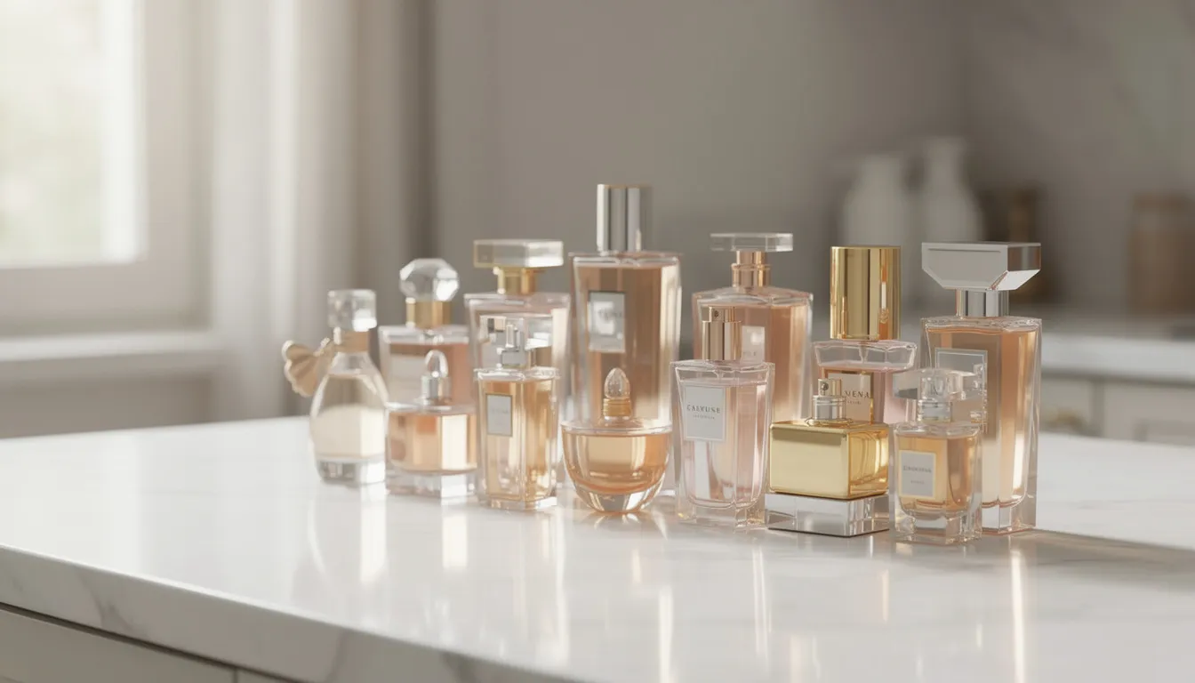 Na marmurowym blacie, w świetle dziennym, ustawione są eleganckie flakony perfum, które przyciągają wzrok swoimi kształtami i kolorami. Wśród nich znajdują się wody perfumowane, które zawierają nuty zapachowe takie jak bergamotka, kardamon i paczula, idealne do odkrywania w sklepie internetowym.