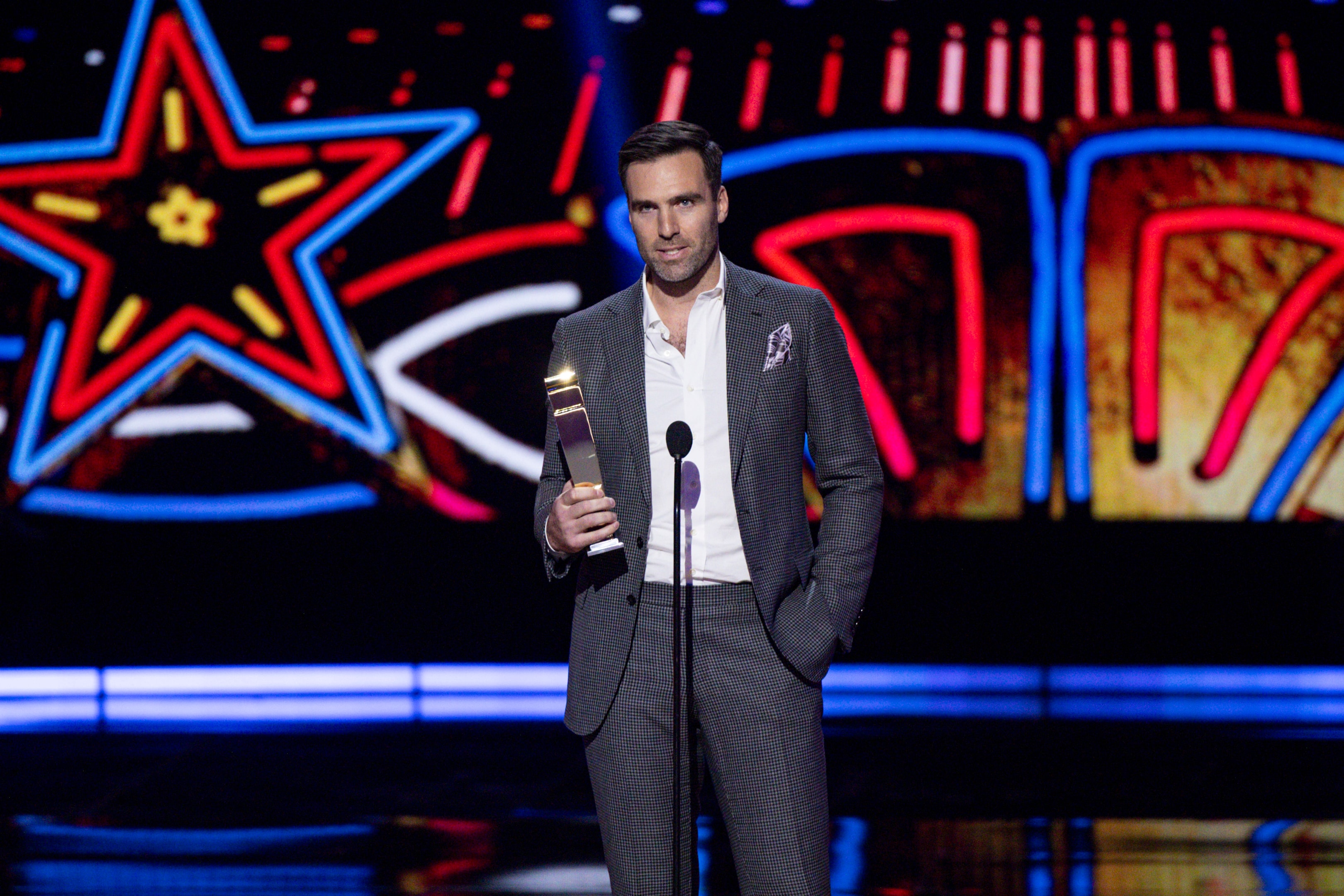 Joe Flacco of the Cleveland Browns accepts the award for Comeback Player of the Year during the 13th Annual NFL Honors on February 8, 2024 in Las Vegas, Nevada.