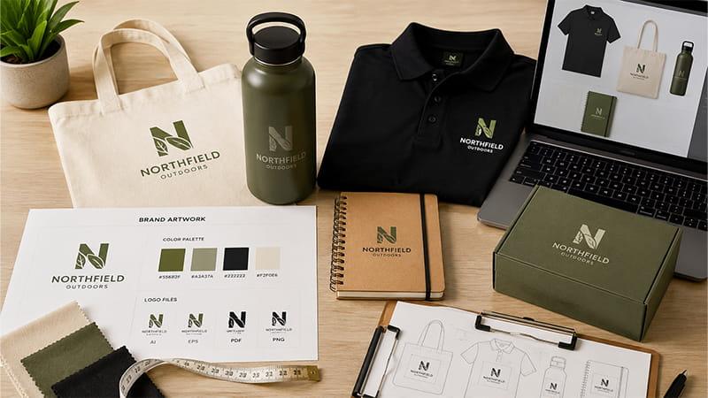 Branding setup for promotional products with logo artwork, brand colors, product placement, and packaging