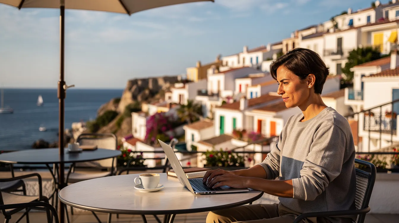 A person is working intently on a laptop at a sunlit café terrace, enjoying a view of a picturesque Mediterranean-style coastal town, which is known for its high living costs and expensive housing markets. The vibrant atmosphere and scenic landscape reflect the charm of some of the most expensive cities in the world.