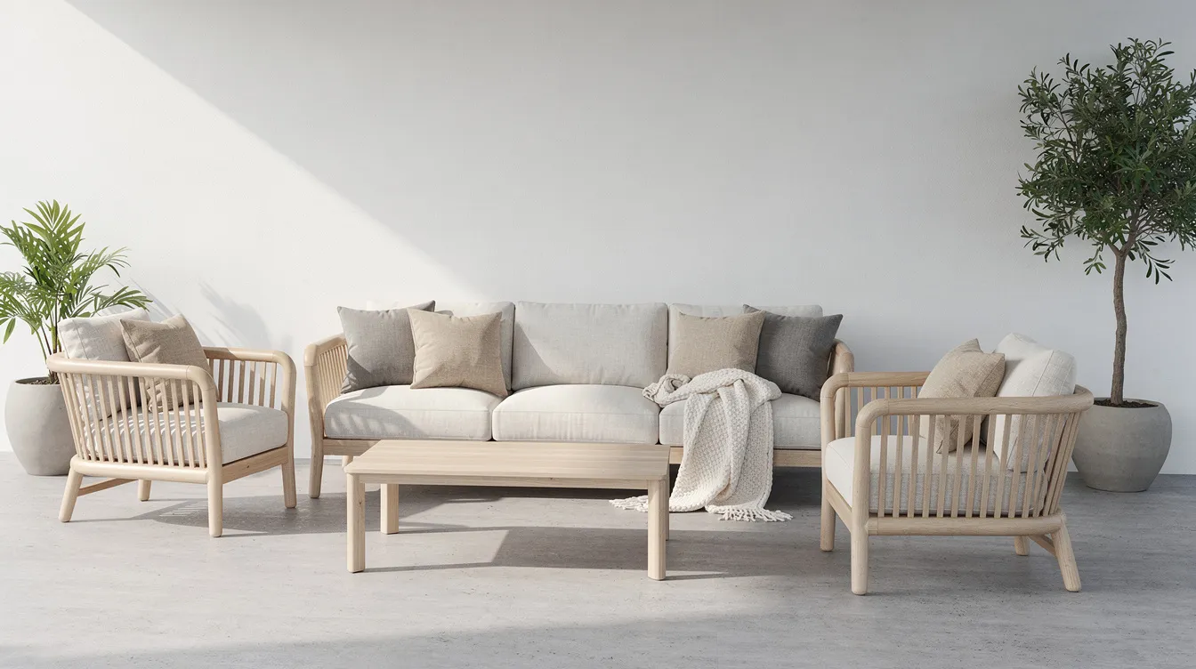 En minimalistisk skandinavisk utemöbeluppsättning med en ljus trädgårdssoffa i trä, kompletterad med neutrala dynor, som skapar en stilren och avkopplande uteplats. Denna eleganta soffa passar perfekt för utomhusbruk och ger bra sittplatser för flera personer.