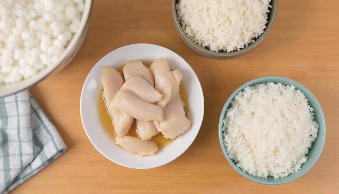 In the image, ingredients for a bland diet are being prepared, featuring boiled chicken and plain cooked white rice, which are commonly recommended for dogs experiencing mild intestinal distress or diarrhea. This simple meal aims to soothe a dog