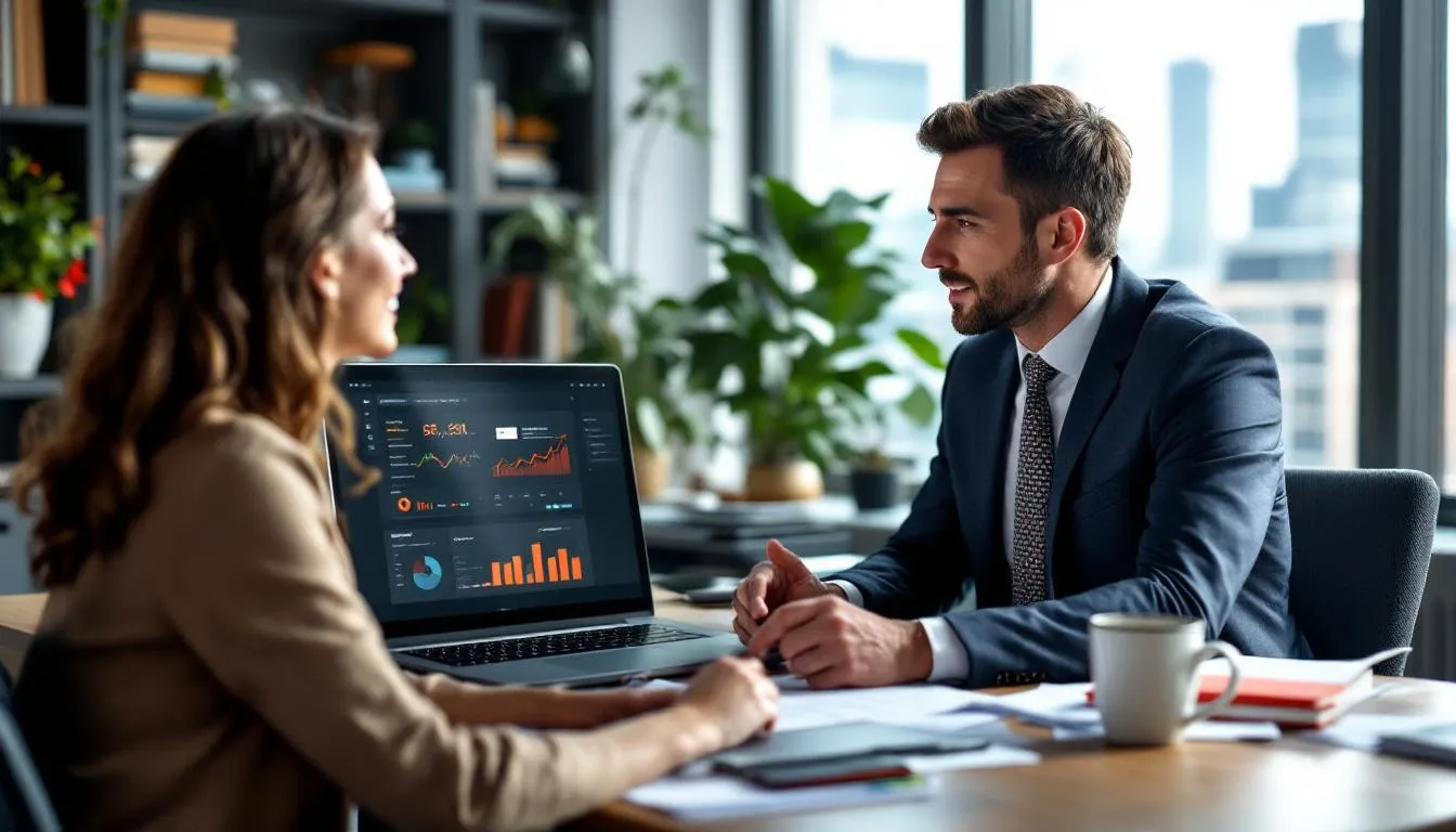 A financial advisor is demonstrating a business valuation calculator on a computer screen to a client, showcasing how to assess the current value of a business, including factors like earnings, assets, and market trends. This interaction aims to provide small business owners with insights into their business worth and attract potential investors.