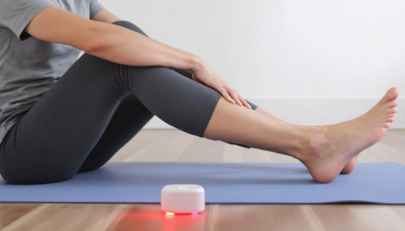 A person is gently performing knee exercises while an infrared device is positioned nearby, aimed at providing red light therapy for knee pain relief and reducing inflammation. This setup suggests a focus on joint recovery and muscle recovery through the benefits of light therapy.