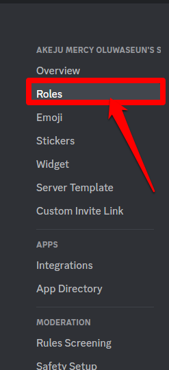 Closeup image showing the Roles tab on Discord