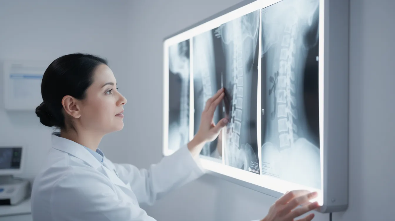 A medical professional is closely examining spine x-rays displayed on a light board, indicating their specialized knowledge in evaluating medical records related to potential medical malpractice cases. This expert's opinion may serve as crucial scientific evidence in legal proceedings, helping to inform the judge or jury about the intricacies of the case.
