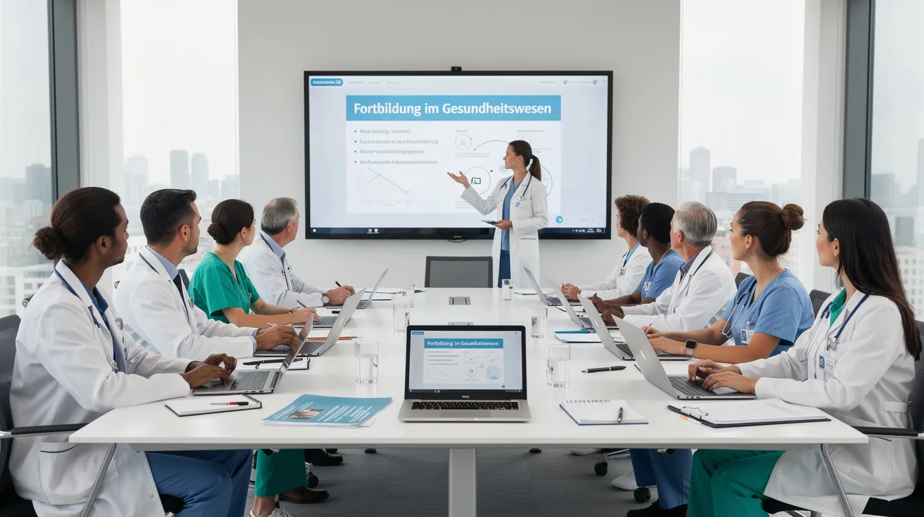 Ein Team aus Gesundheitsfachkräften sitzt an einem großen Konferenztisch, während sie an einer Schulung teilnehmen. Jeder hat einen Laptop vor sich, um die Nutzung der Branchensoftware und die besten Services für die Abrechnung und das Onboarding von Leistungserbringern zu erlernen.