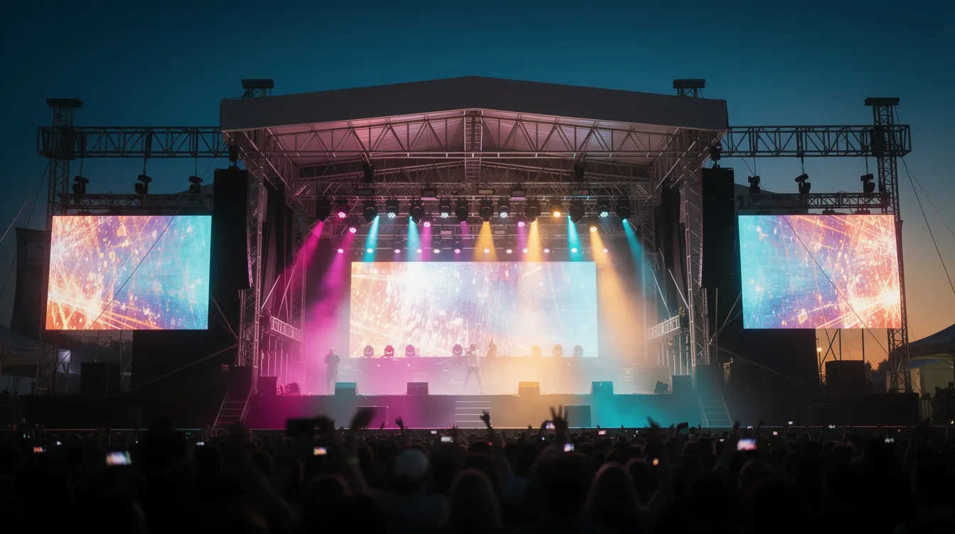 The image shows a vibrant outdoor festival stage at dusk, featuring large LED video walls on either side of the main performance area, illuminated by colorful stage lighting. This setup enhances the event experience, creating a captivating atmosphere for the audience.