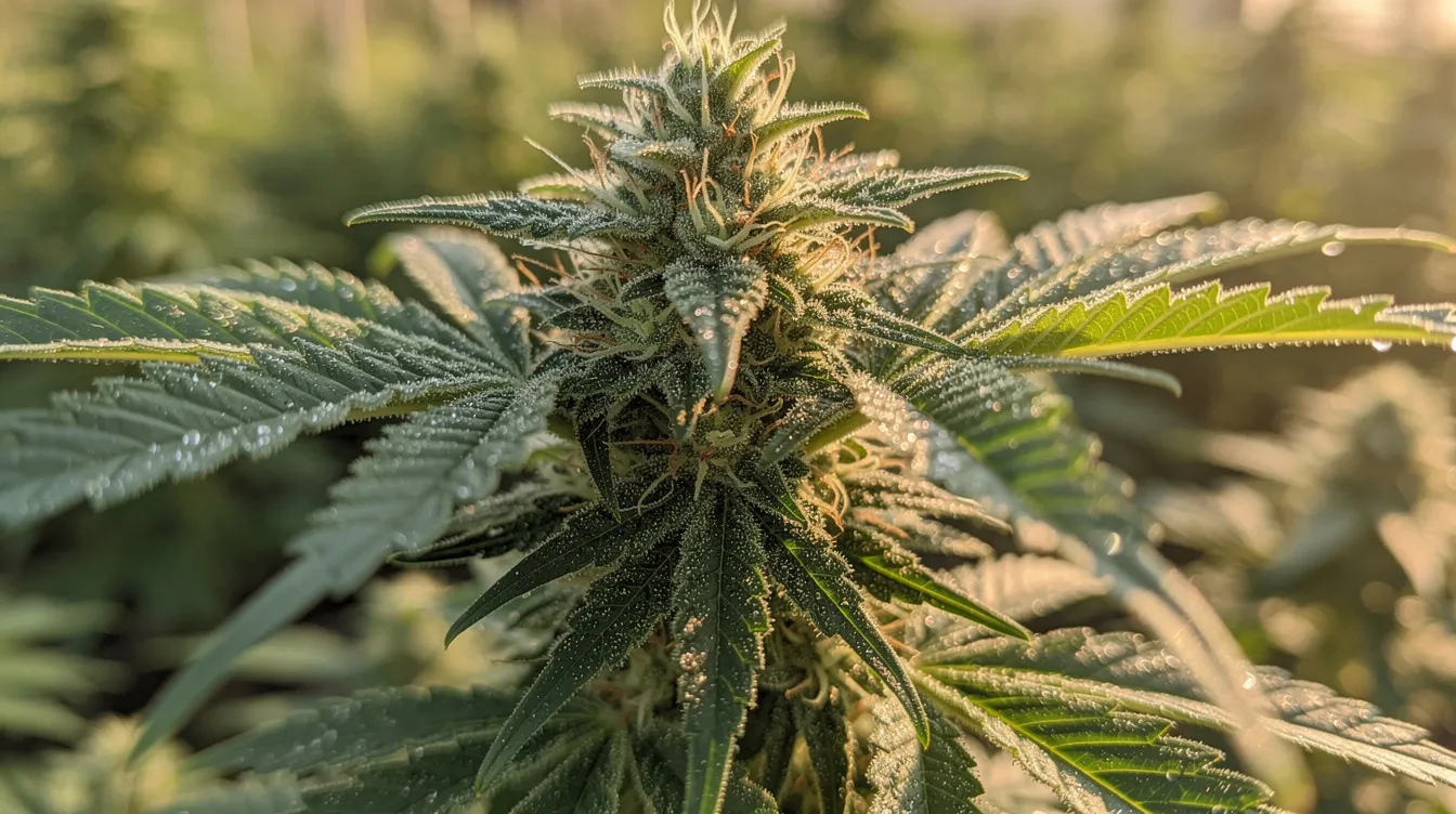 A close-up photograph showcases a raw green hemp plant, featuring trichome-covered leaves and buds glistening in natural sunlight. This image highlights the beauty of hemp flower, which is often associated with discussions about the legal status of hemp-derived products and their compliance with state and federal regulations.