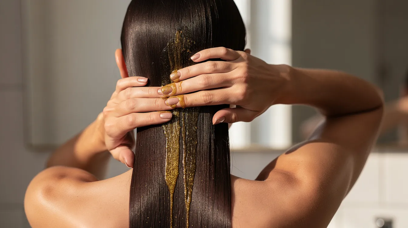 A woman with long dark hair is applying a golden oil to her hair with her fingers, viewed from behind. The nourishing treatment appears to be organic castor oil, known for promoting hair growth and providing deep hydration.