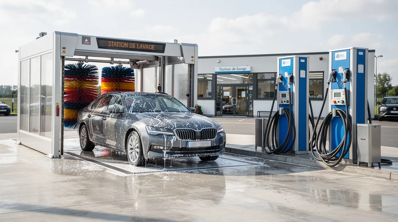 Une station de lavage automatique est visible avec un véhicule en cours de nettoyage, tandis qu'une zone d'aspiration est également présente pour assurer la propreté de l'intérieur de la voiture de location.