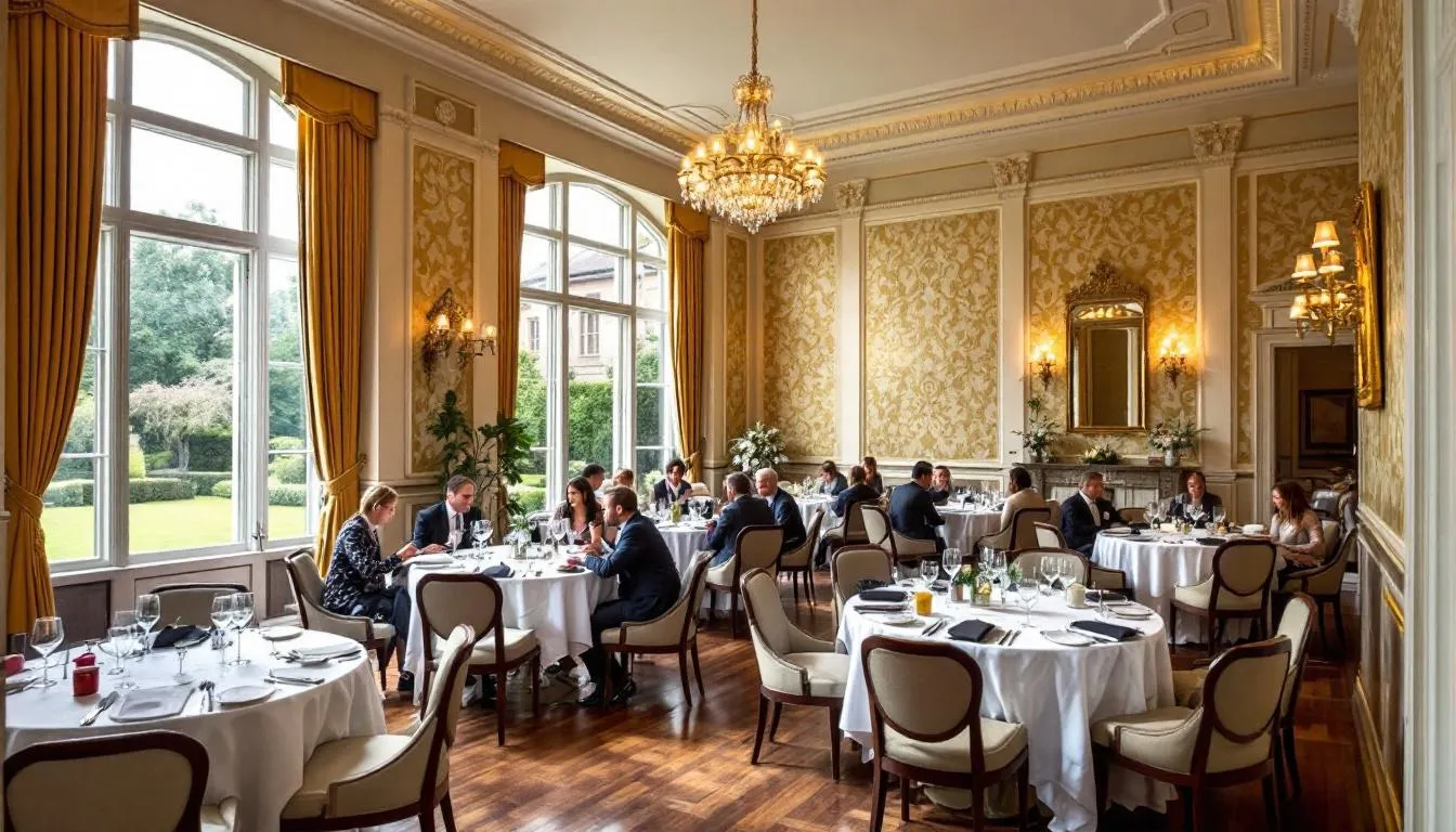 The image depicts a luxurious restaurant dining hall featuring elegant decor, high-quality linens on the tables, and attentive staff members providing exceptional service. The ambiance is designed to enhance the overall guest experience, reflecting the high standards of the Forbes star rating system for luxury hospitality.