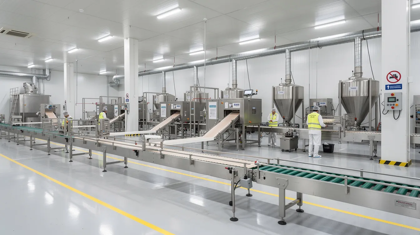 The image depicts the interior of an industrial food processing plant, showcasing conveyor belts and metal equipment on a well-lit factory floor, essential for the poha production process. This environment is designed for efficiency, featuring machinery that handles raw paddy and transforms it into high-quality flattened rice, or poha, while ensuring optimal temperature control and production capacity.
