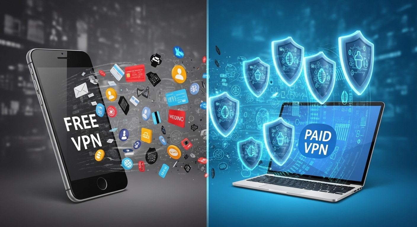 Split-screen illustration showing a free VPN labeled 'free' leaking user data while a paid VPN shows strong encryption and security shields.