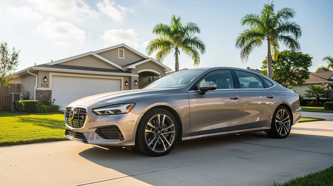 A late-model sedan is parked in a residential driveway, surrounded by palm trees that evoke a Southern California vibe. This serene scene suggests a peaceful neighborhood, where individuals may seek the services of experienced bankruptcy attorneys in Torrance, CA, to navigate their financial challenges.