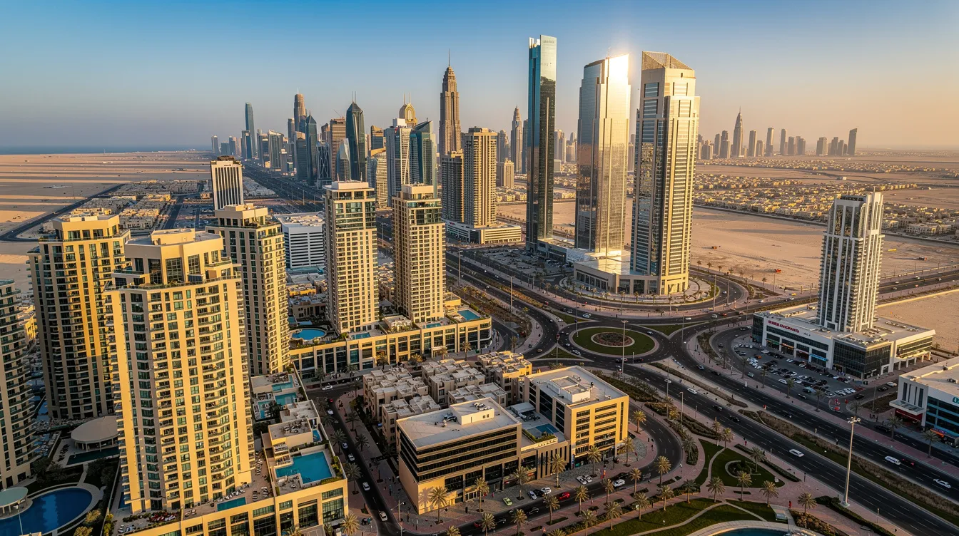 The image depicts a modern Dubai cityscape featuring sleek residential towers and bustling business districts, highlighting the vibrant urban environment. This scene reflects the importance of comprehensive estate planning for expats in the UAE, as they navigate local inheritance laws and international estate planning to ensure financial security and asset protection for future generations.