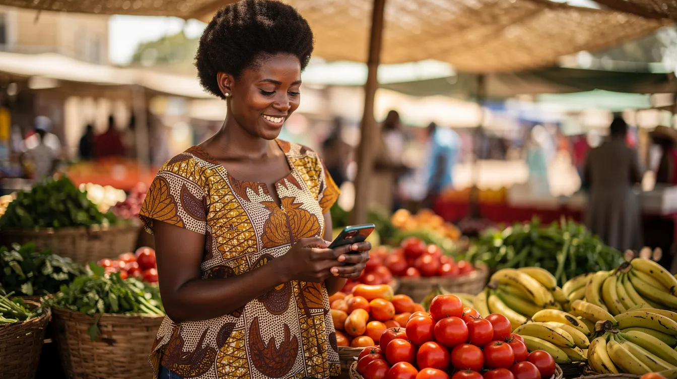 A Kenyan woman smiles while looking at a notification on her mobile phone at an outdoor market stall, showcasing the convenience of mobile money for sending money to Kenya. The scene highlights the ease of transferring funds with just a few taps, making it a popular payment method for connecting with loved ones.