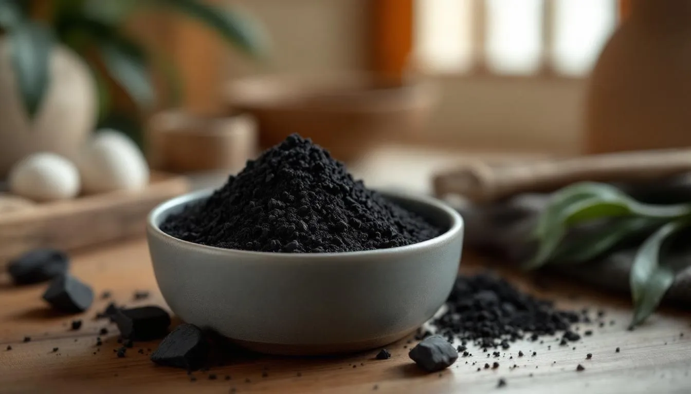 Activated charcoal powder in a small bowl, representing deep cleansing properties.