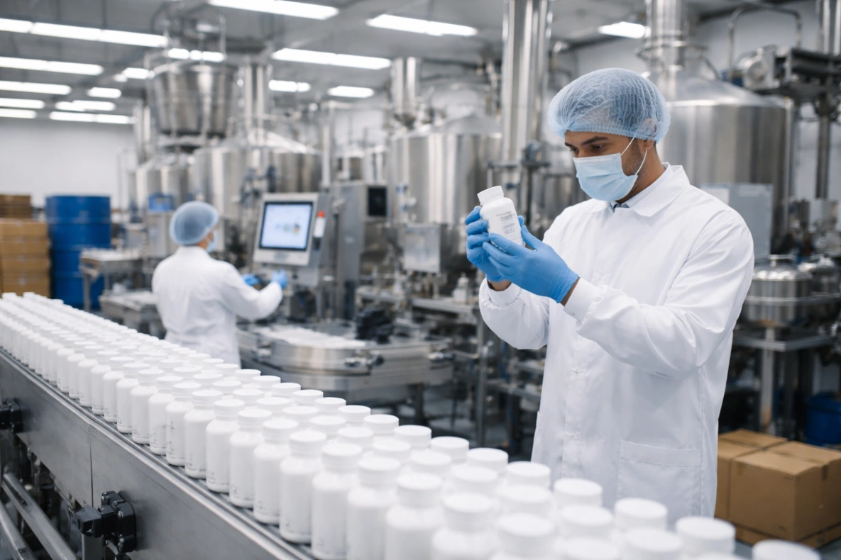 An assembly line of white pill bottles being inspected by a person in a lab coat, hair net, mask, and gloves.