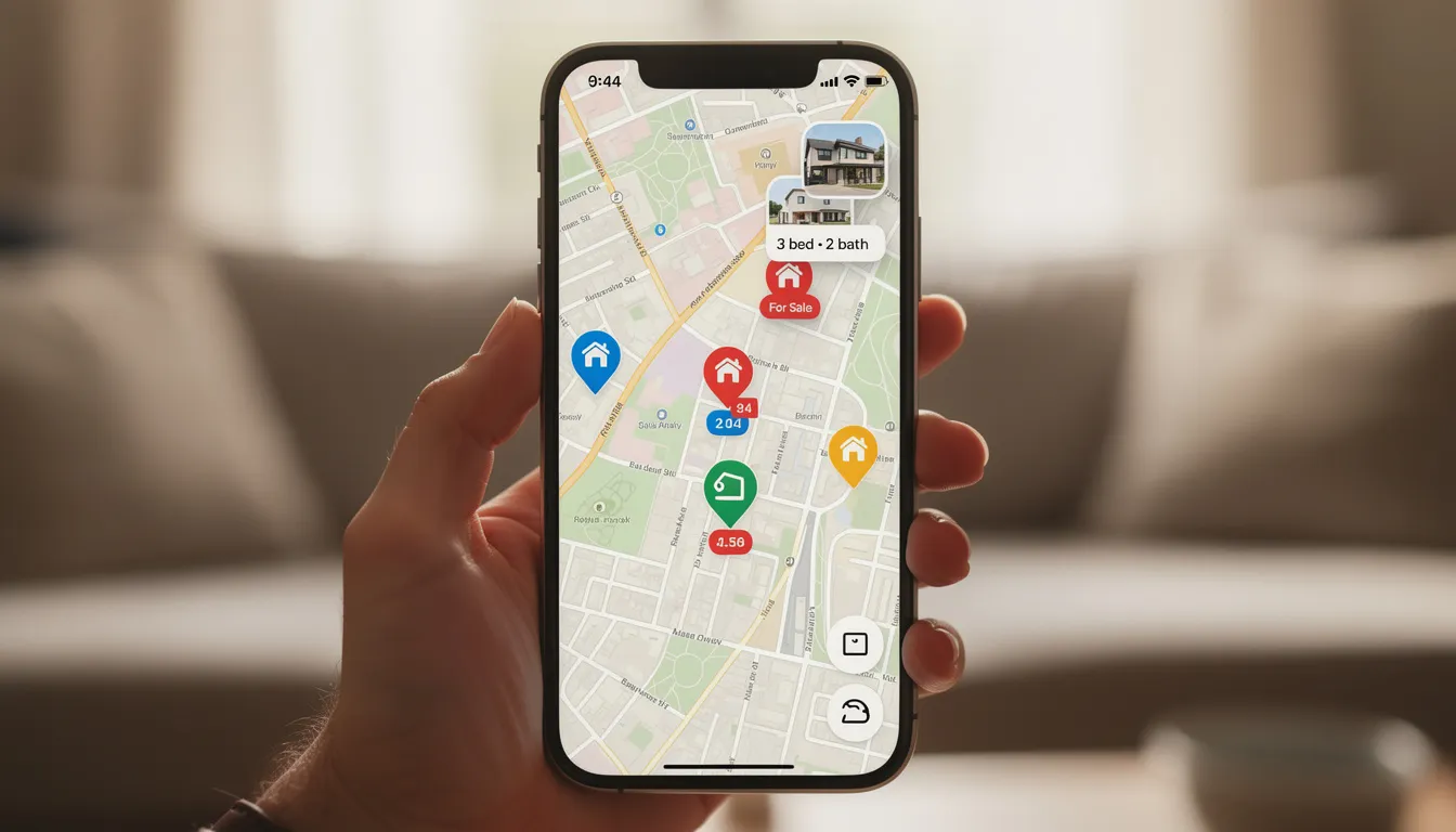 The image displays a smartphone screen featuring a colorful map with various pins indicating available homes for sale. This visual aids buyers in navigating real estate listings within their desired area, helping them find the perfect property.