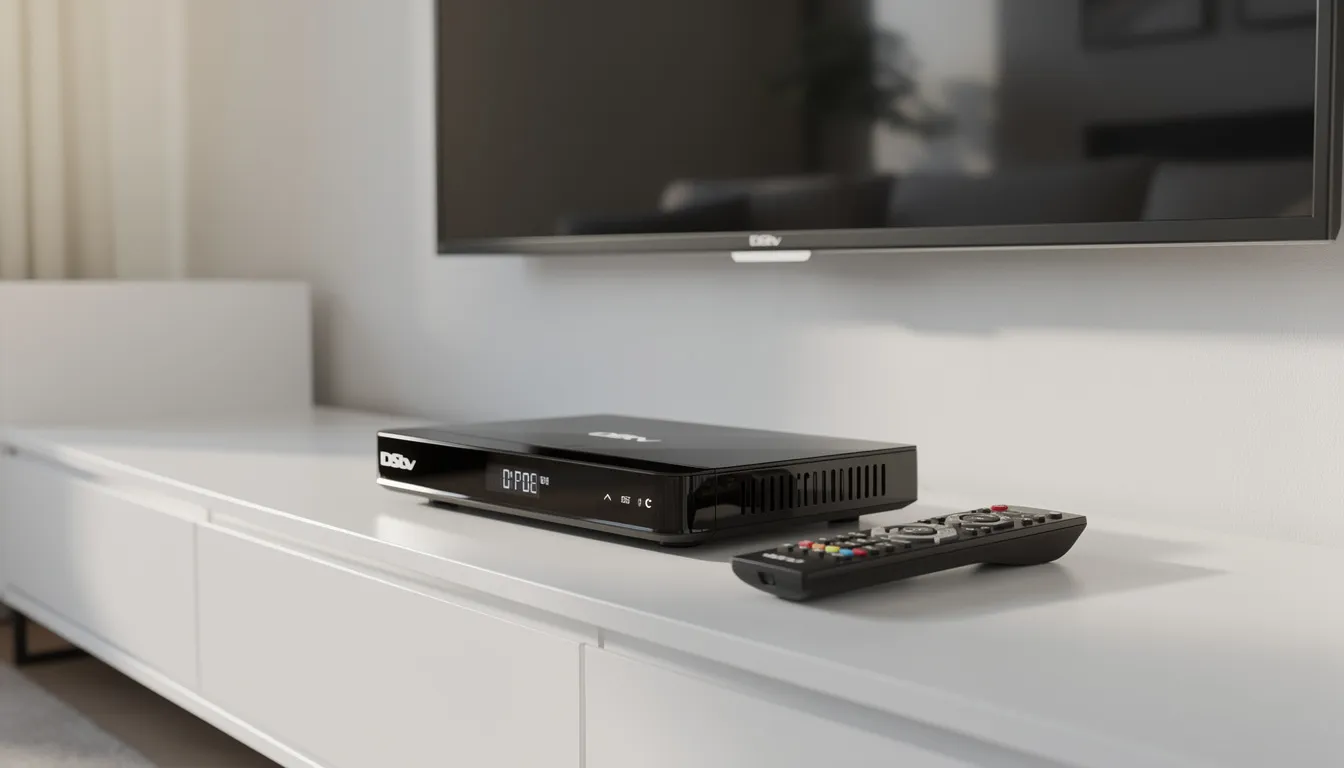 The image shows a DStv Explora decoder alongside its remote control, placed on a sleek modern TV cabinet. This setup highlights the DStv installation services available, ensuring a high-quality viewing experience for users.