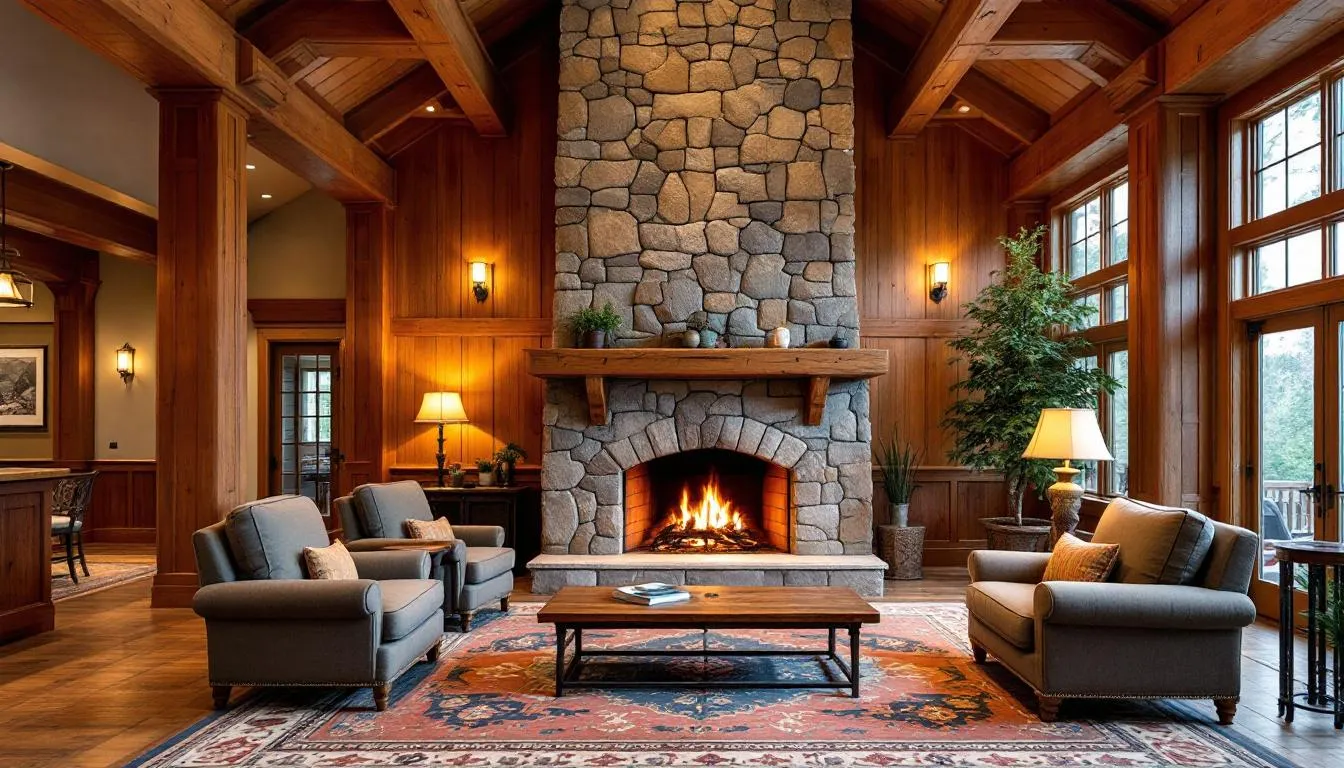The image depicts a cozy hotel lobby featuring a stone fireplace and mountain lodge interior design, creating a warm and inviting atmosphere for guests at the Brian Head Lodge. This space is perfect for travelers looking to relax after a day of skiing at the nearby Brian Head Ski Resort.
