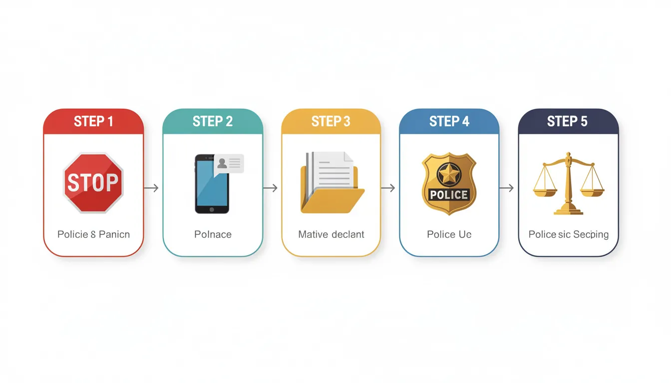L'illustration présente un plan d'action en cinq étapes pour lutter contre l'escroquerie cryptomonnaie, illustré par des icônes telles qu'un panneau stop, un téléphone, un dossier avec des documents, un badge de police et une balance de la justice. Ces éléments symbolisent les étapes nécessaires pour signaler et prévenir la fraude liée aux cryptos.