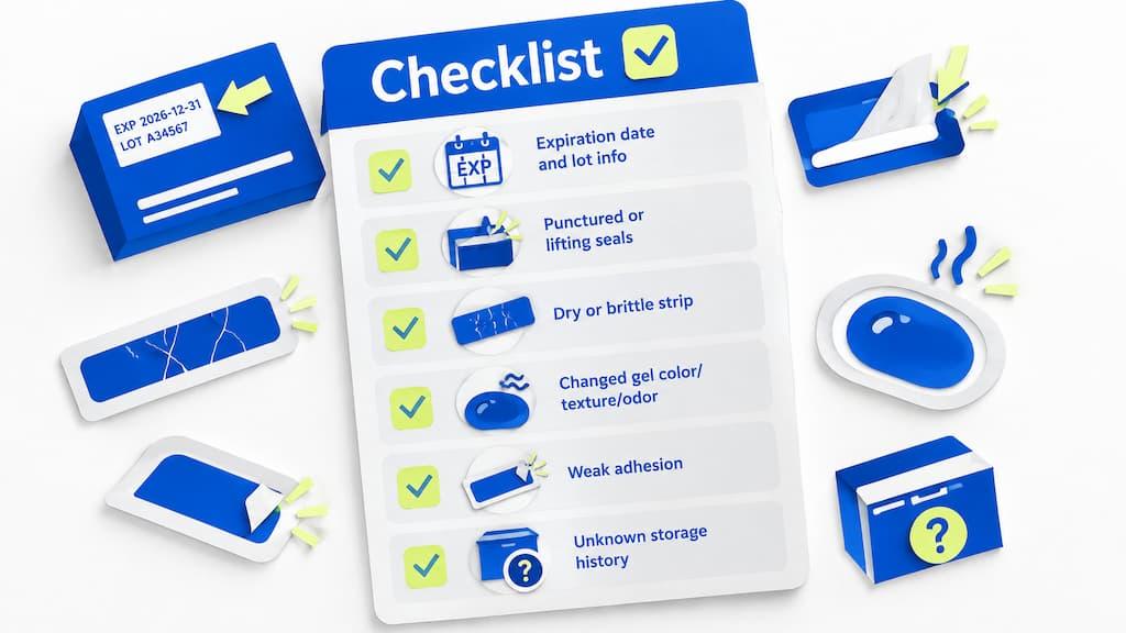 Illustrated checklist for old whitening strips: expiration date and lot info, punctured or lifting seals, dry or brittle strip, changed gel color, texture, or odor, weak adhesion, and unknown storage history