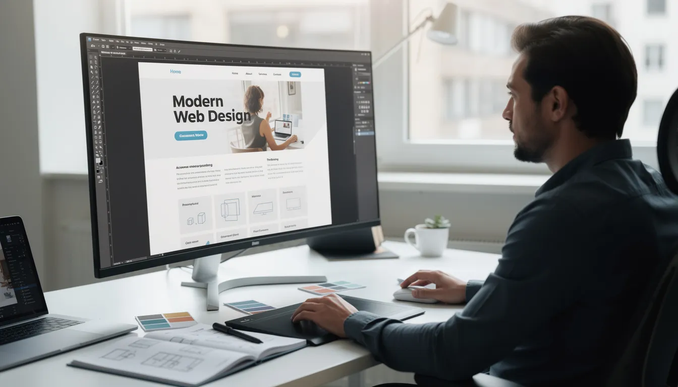 A professional web designer is focused on their computer screen, which displays a detailed website layout, showcasing their skills in web development and digital marketing strategies. This image reflects the importance of effective SEO services in enhancing online visibility for local businesses in Phoenix.