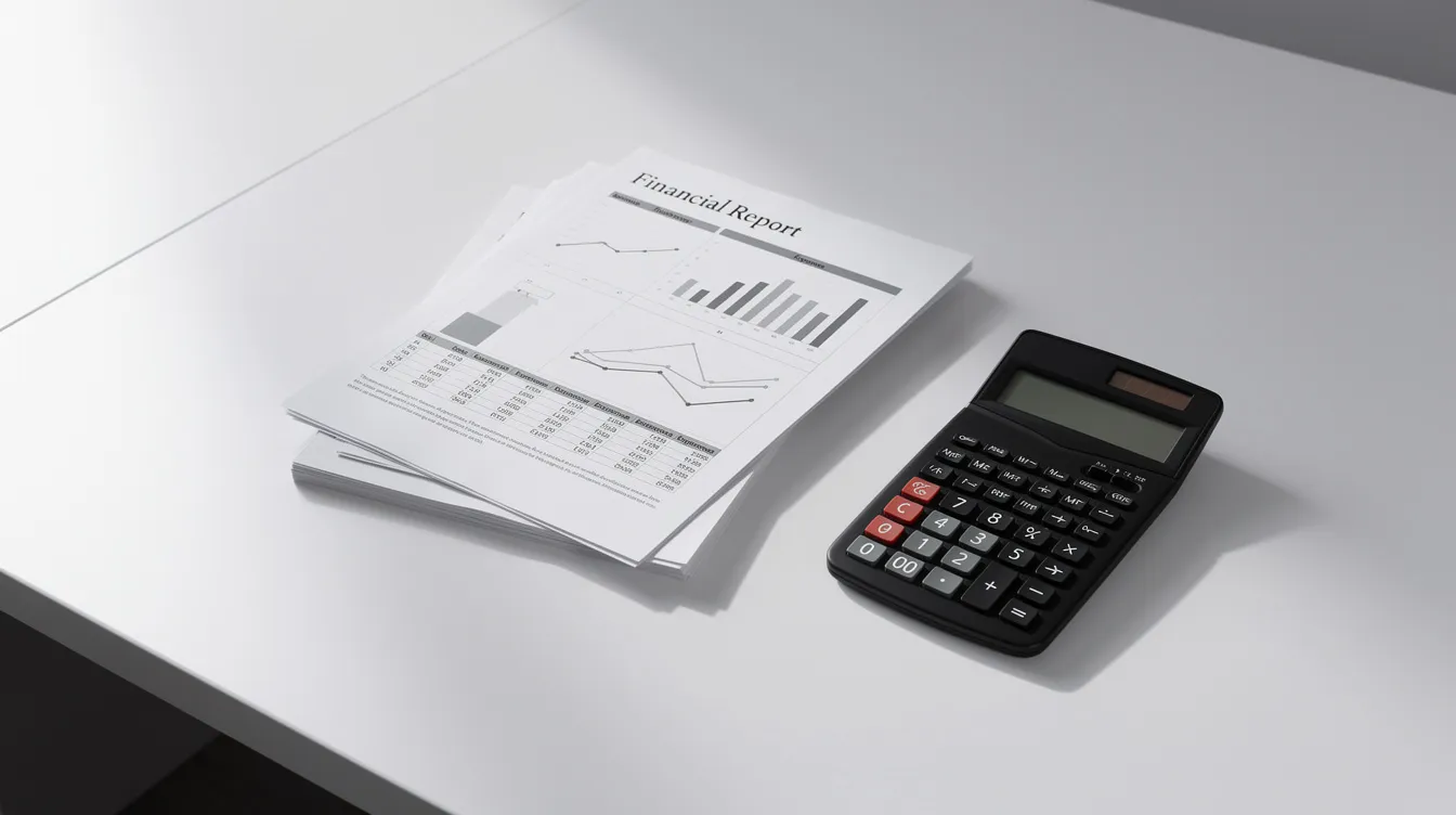 The image features a calculator placed next to a stack of financial documents on a clean desk, symbolizing the meticulous process of billing and financial management. This setup reflects the importance of accuracy and efficiency in handling medical billing and insurance claims.