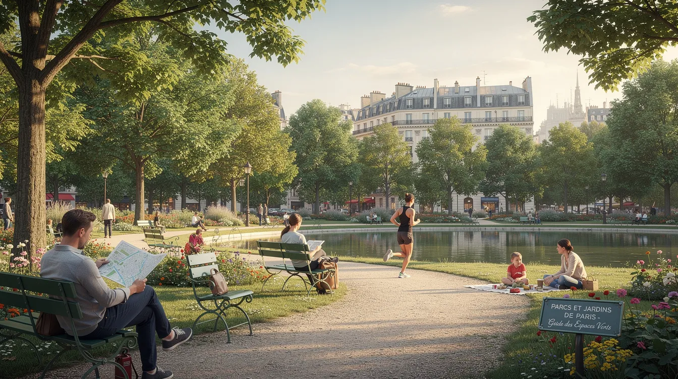 The image showcases one of Paris's beautiful parks, featuring lush greenery and tranquil walking paths, perfect for nature lovers seeking a peaceful haven amid the city's hustle. Visitors can enjoy the serene atmosphere, with iconic landmarks like the Eiffel Tower visible in the background, making it an ideal spot for a leisurely stroll or a family outing.
