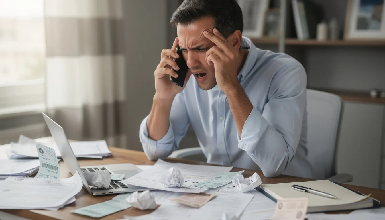 A frustrated person is sitting at a cluttered desk, holding a phone to their ear while surrounded by paperwork, likely dealing with issues related to identity theft or financial matters. The scene conveys a sense of urgency and stress as they navigate through important documents, possibly related to credit monitoring or a data breach.