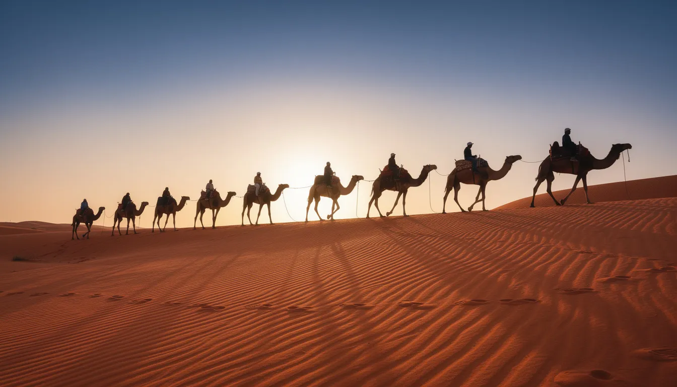 A line of camels, silhouetted against a bright sky, walks gracefully across the stunning orange dunes of the Sahara Desert, with riders perched atop. This image captures the essence of a desert adventure, showcasing the beauty of camel trekking in Morocco's vast landscapes.