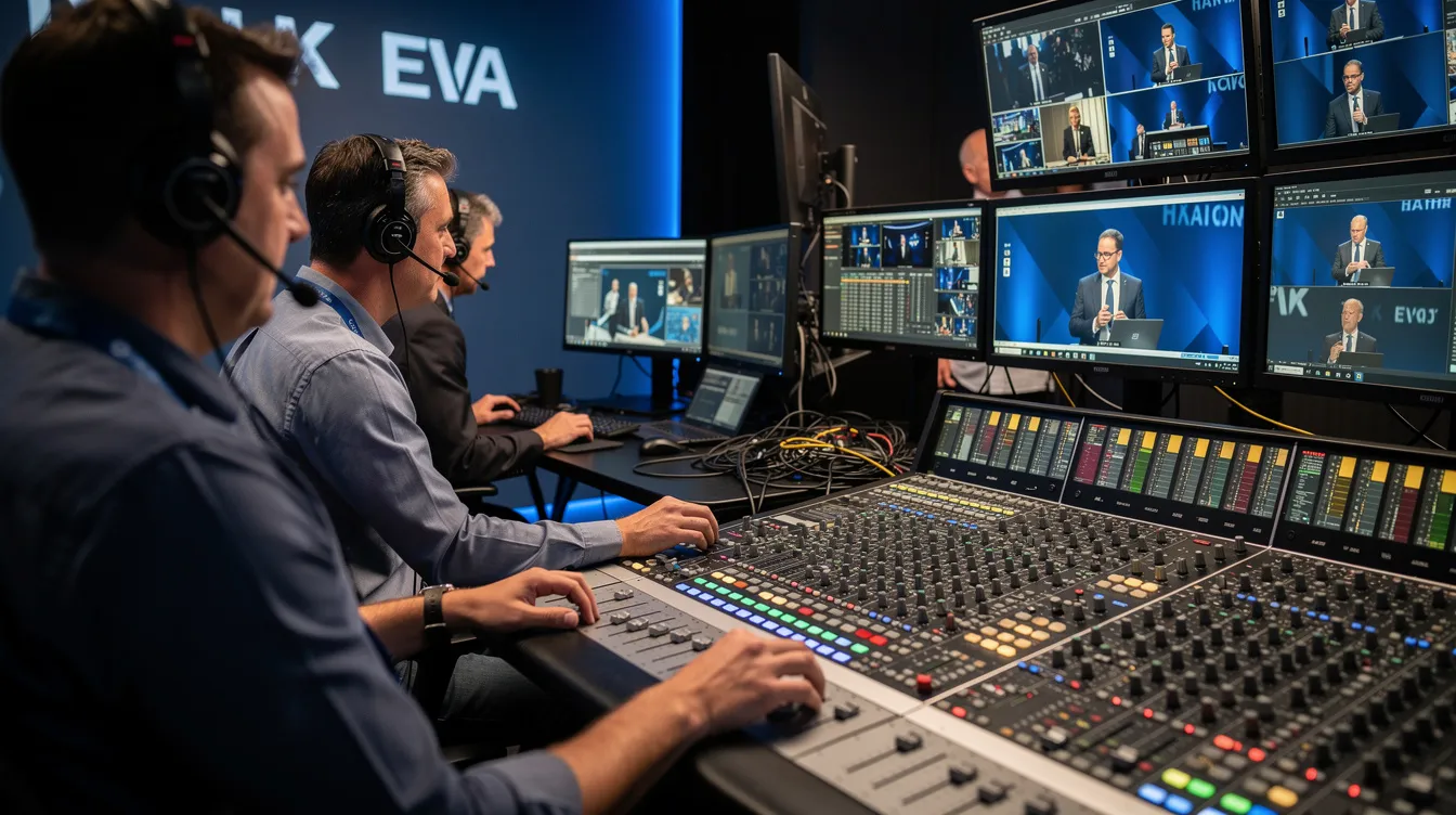 A production crew is focused on a mixing console and video switching station, managing audio and video elements during a live corporate event at the Minneapolis Convention Center. The scene showcases on-site technicians working diligently to ensure smooth live streaming and effective sound and video projection for the audience.