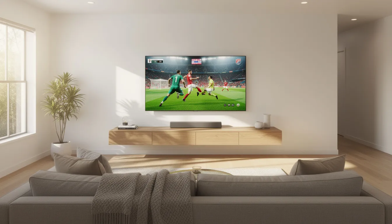 The image depicts a modern living room featuring a wall-mounted television that is broadcasting a sports event, creating an inviting atmosphere for viewers. This setup could benefit from professional DSTV installation services to ensure optimal signal quality and performance.