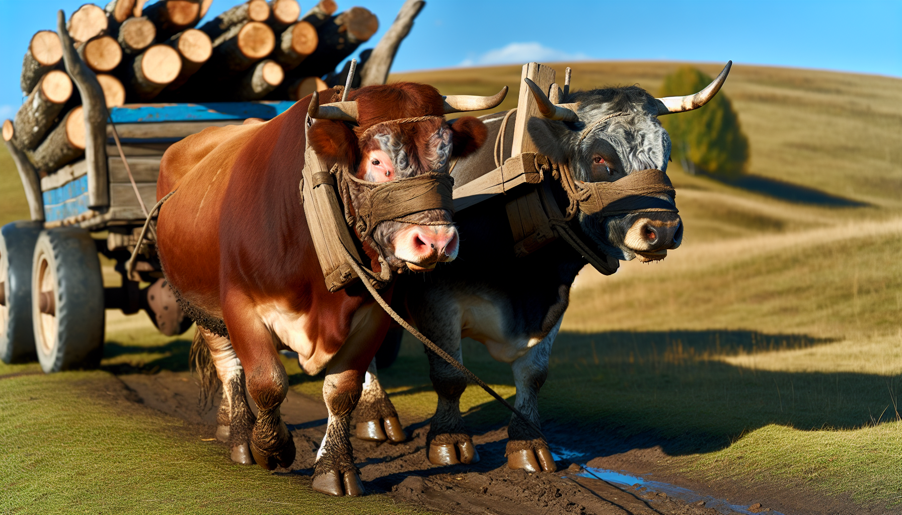 Photo of oxen hauling a heavy load