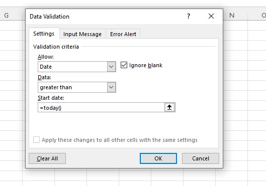 Go to the Settings tab to create data validation rules in the Data Validation settings window.