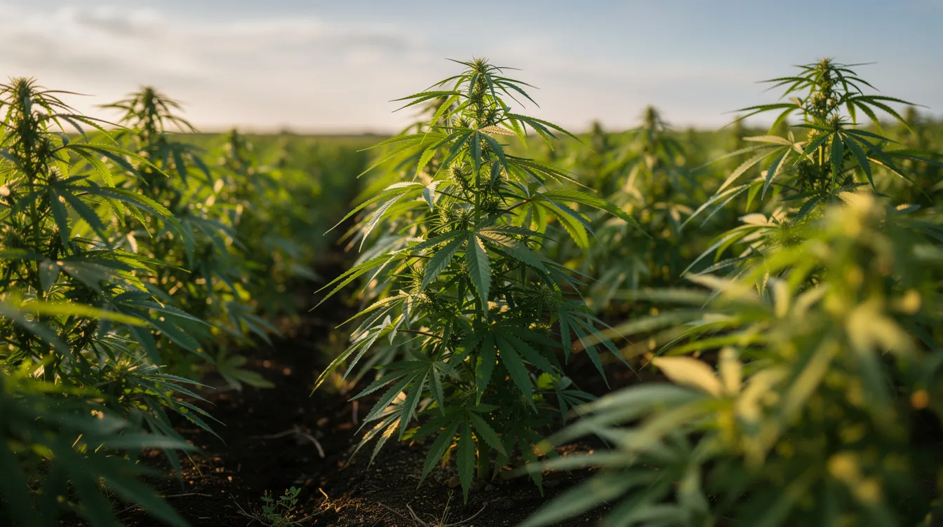 The image depicts lush green hemp plants thriving in a sunlit agricultural field, symbolizing the growth of hemp derived products. These plants are essential for producing hemp derived cannabinoids, including delta 8, which are increasingly regulated under California law.