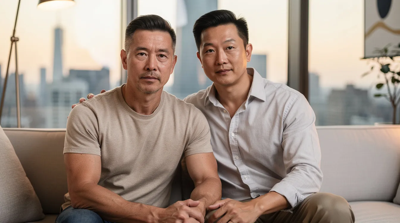 An ultra-realistic portrait of a white and Asian gay male couple in their late 30s to early 40s sits closely together on a modern sofa in a luxury Manhattan apartment, illuminated by soft professional lighting that highlights their calm, thoughtful expressions. The backdrop features large floor-to-ceiling windows showcasing a soft sunset over the Manhattan skyline, emphasizing their emotional maturity and the deep bond formed through years of navigating monogamous relationships.