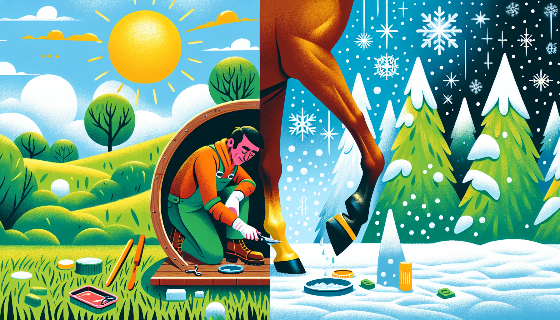 An illustration of seasonal hoof care practices for horses, depicting summer and winter care.