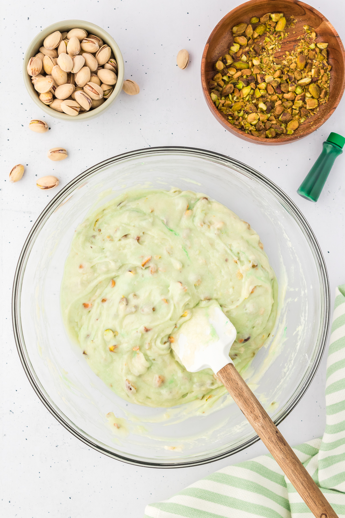green pistachio bread batter in bowl