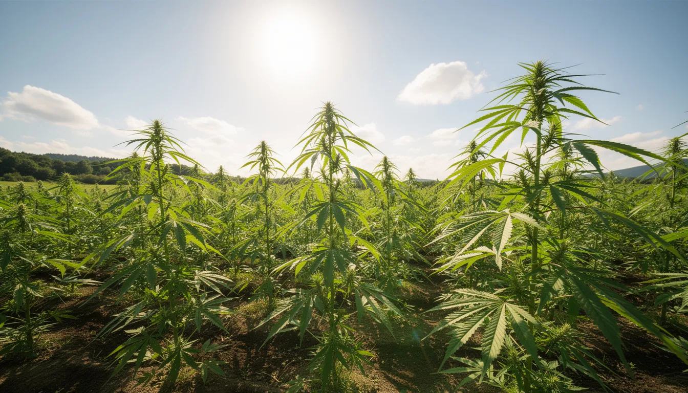 Auf dem Bild sind Hanfpflanzen auf einem grünen Feld zu sehen, die bei strahlendem Sonnenschein wachsen. Diese Pflanzen sind bekannt für ihre wertvollen Cannabinoide, einschließlich CBD, und haben das Potenzial, positive Wirkungen auf das Wohlbefinden zu entfalten.