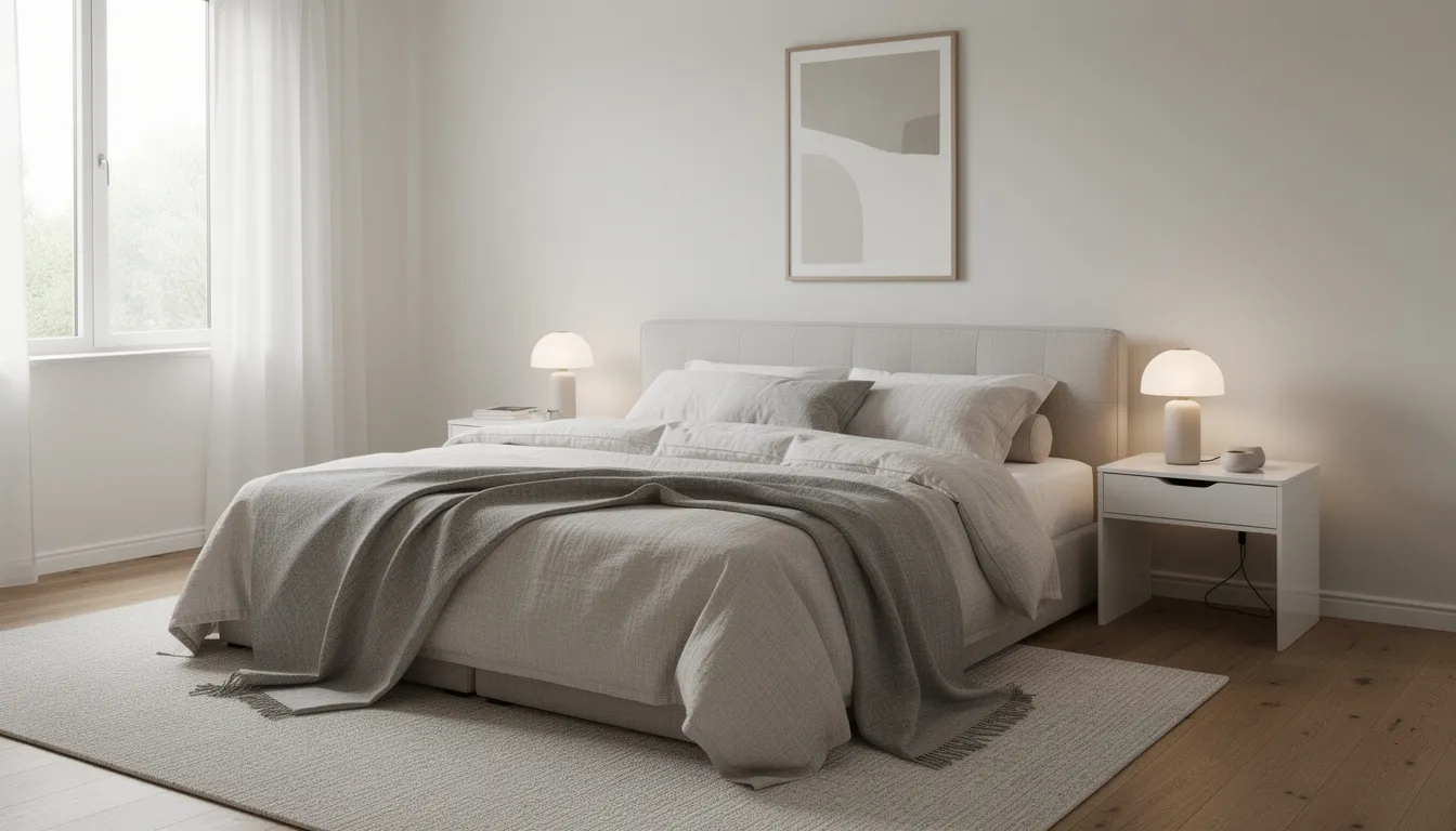 Ett modernt sovrum med en kontinentalsäng klädd i ett linneöverkast, omgiven av minimalistiska nattduksbord. Rummet har en stilren design som skapar en lugn atmosfär, perfekt för avkoppling efter långa dagar.